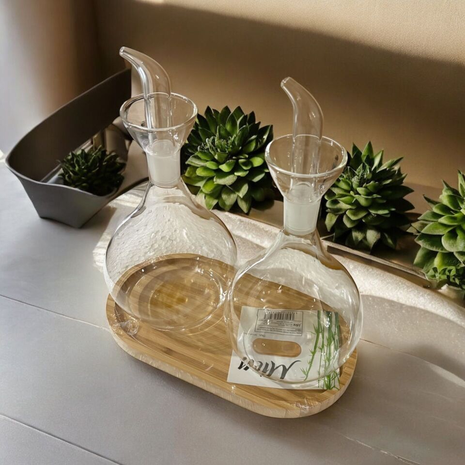 2'li Yağdanlık & Zeytinyağı Sıvı Yağ şişesi & Yağlık Sirkelik 1 lt bambu standlı