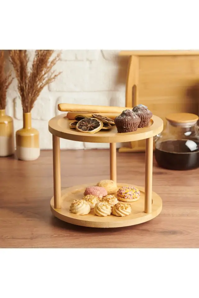 Mien Bambu 2 Katlı Döner Baharat Standı- Beyaz / Bambu - 34,5x20,5 cm