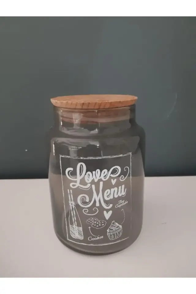 Love Menu Desenli Gri Cam Kavanoz 890 Ml