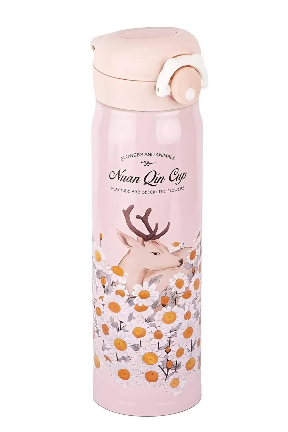 050-01-PEMBE SARI ÇİÇEK DESENLİ PASLANMAZ ÇELİK TERMOS 500ML