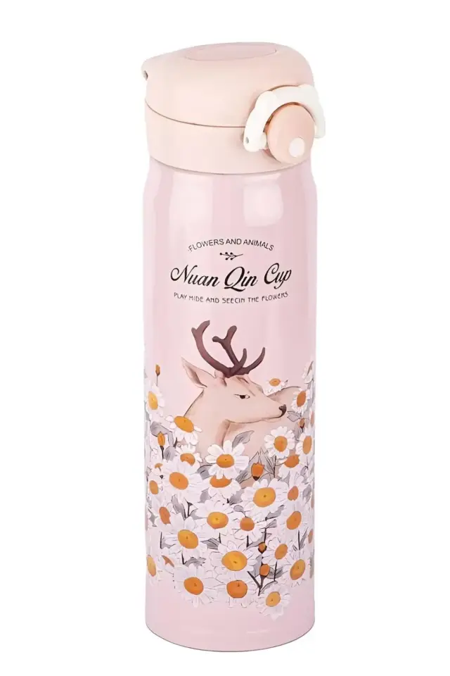 050-01-PEMBE SARI ÇİÇEK DESENLİ PASLANMAZ ÇELİK TERMOS 500ML