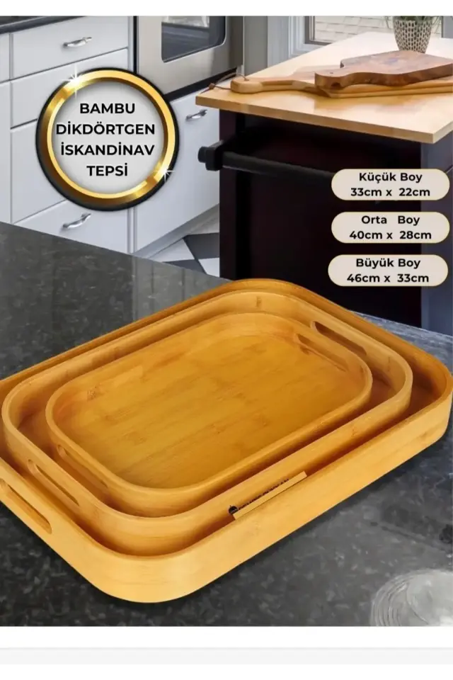 3 'lü Dikdörtgen Bambu Iskandinav Tepsi