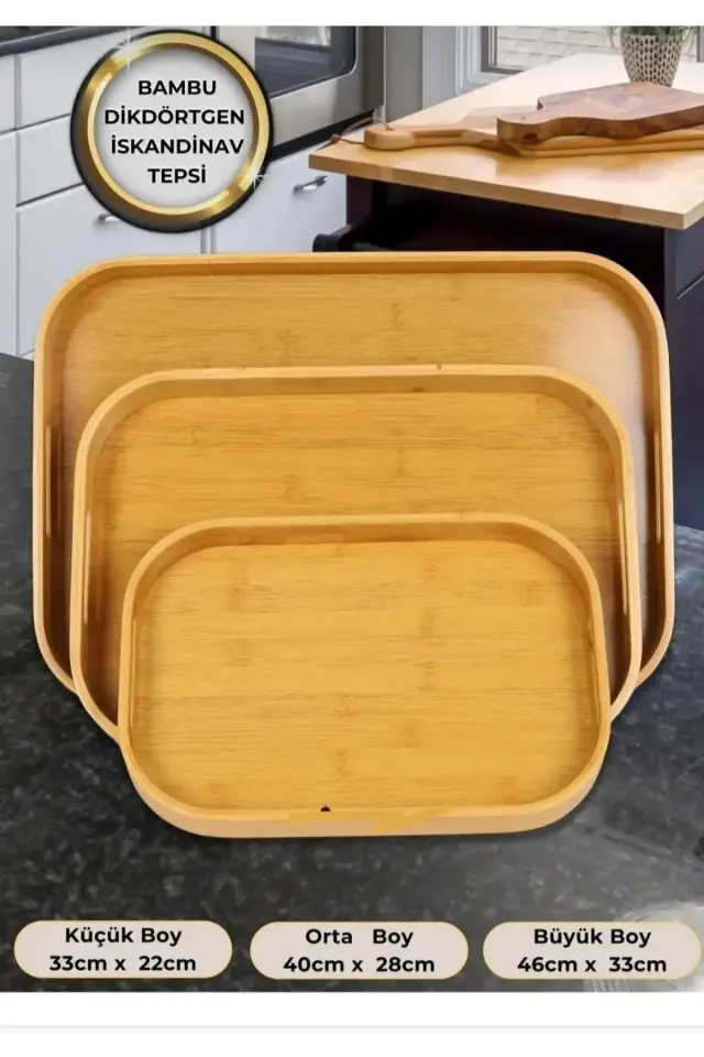 3 'lü Dikdörtgen Bambu Iskandinav Tepsi