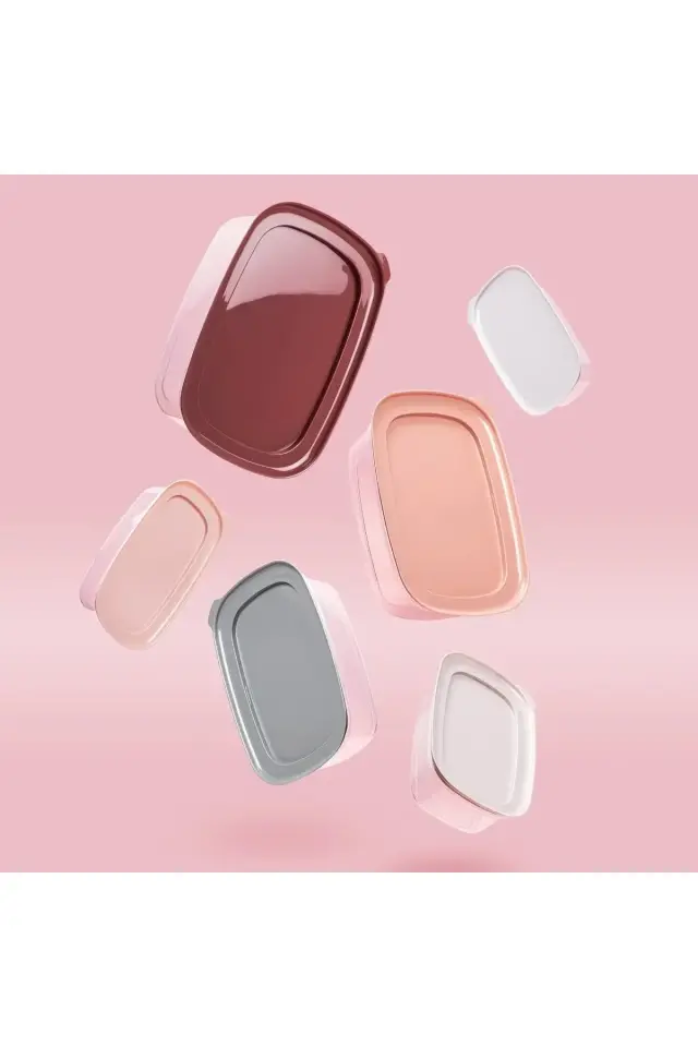 6lı Pembe-gri Çok Renkli Plastik Saklama Kabı Seti