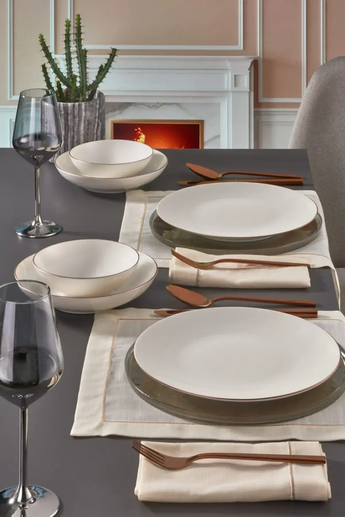 Atina 18 Parça 6 Kişilik Bone Yemek Takımı Cooper Bakır