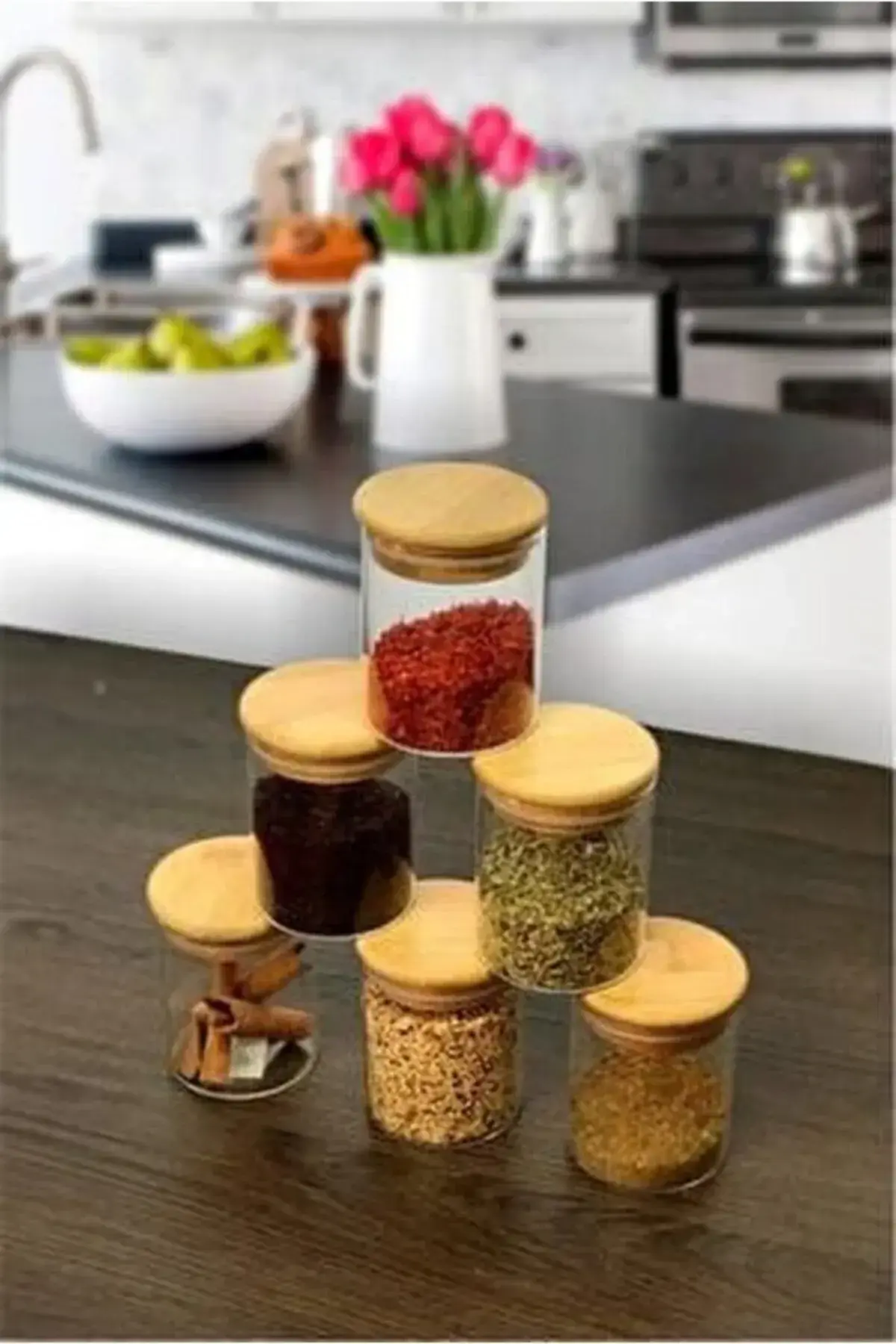 6 Lı Bambu Kapaklı Cam Baharatlık Seti 300 Ml