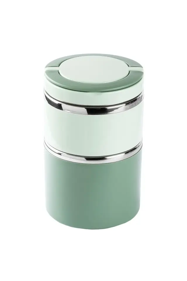 024-01-TEDEMEI YEŞİL PASLANMAZ ÇELİK 2 KATLI YUVARLAK YEMEK TAŞIMA KABI 930ML