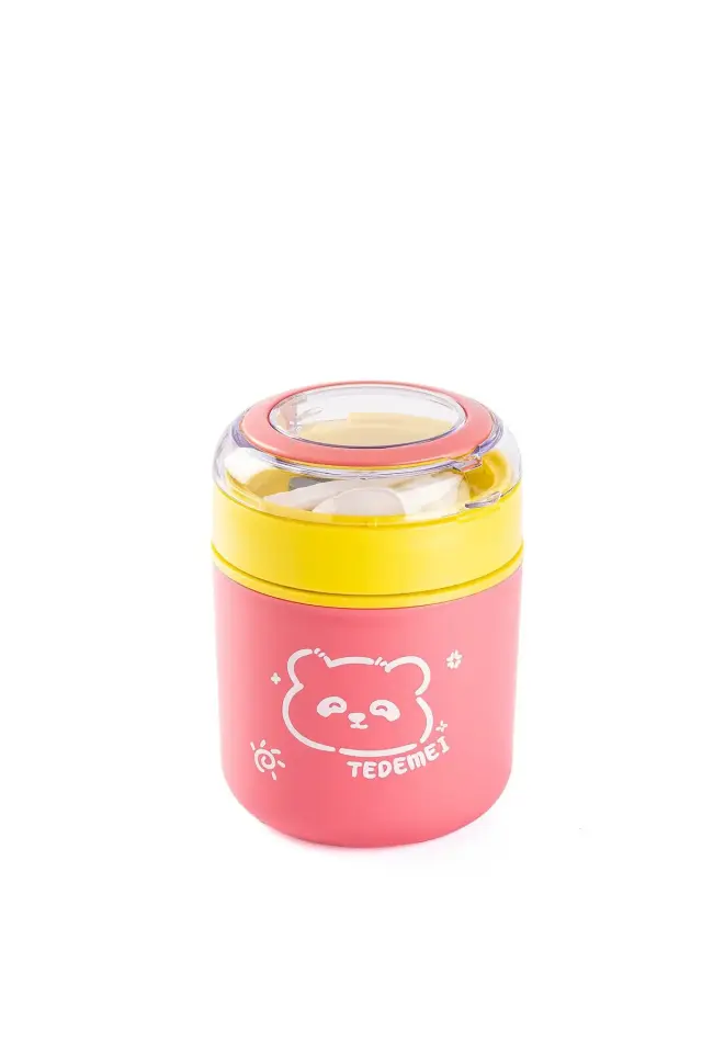 TEDEMEI PEMBE SARI PASLANMAZ ÇELİK YUVARLAK YEMEK TAŞIMA KABI 530ML