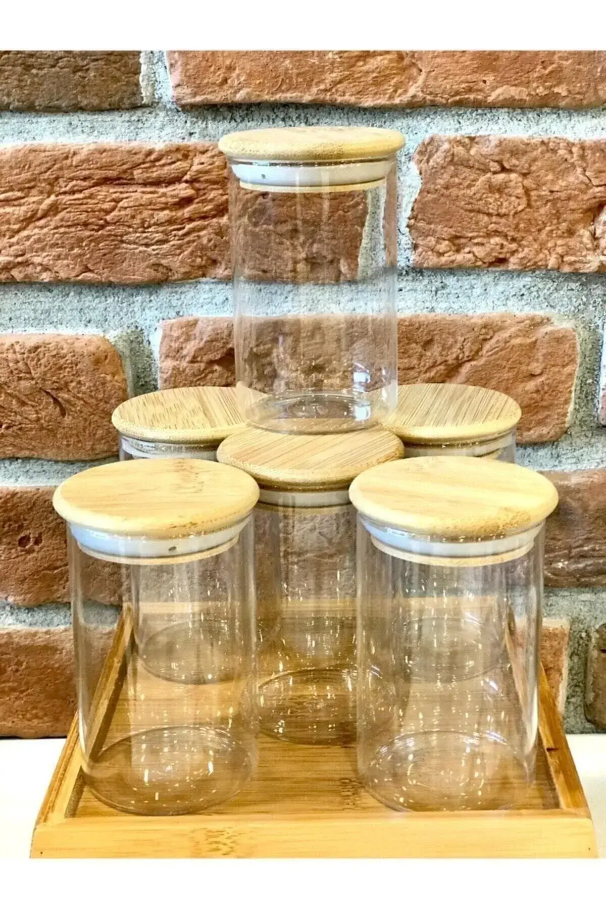 Bambu Kapaklı Vakumlu Borosilikat Cam Kavanoz 6 Adet 300ml , Bambu Kapaklı Baharatlık