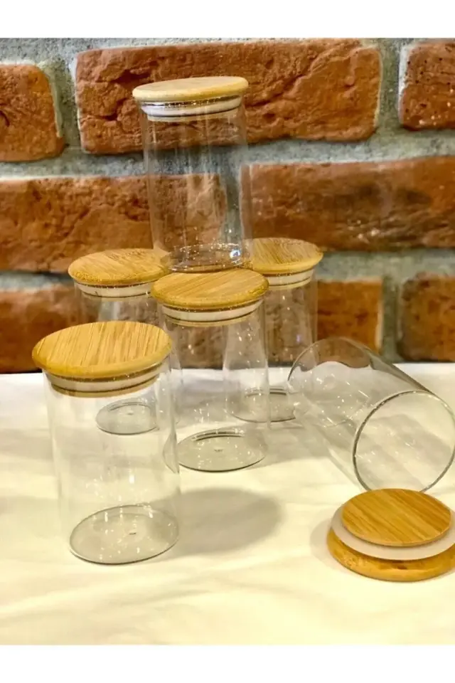 Bambu Kapaklı Vakumlu Borosilikat Cam Kavanoz 6 Adet 300ml , Bambu Kapaklı Baharatlık