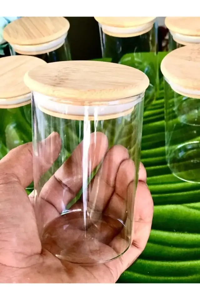 Bambu Kapaklı Vakumlu Borosilikat Cam Kavanoz 6 Adet 300ml , Bambu Kapaklı Baharatlık