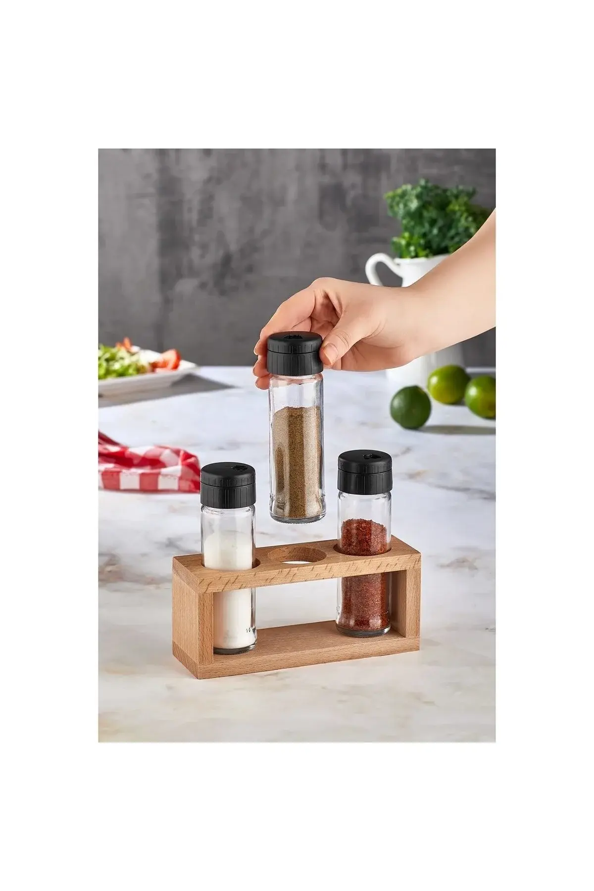 Mars 3 Lü Tuzluk Biberlik Seti Baharatlık, Ahşap Stantlı Baharatlık
