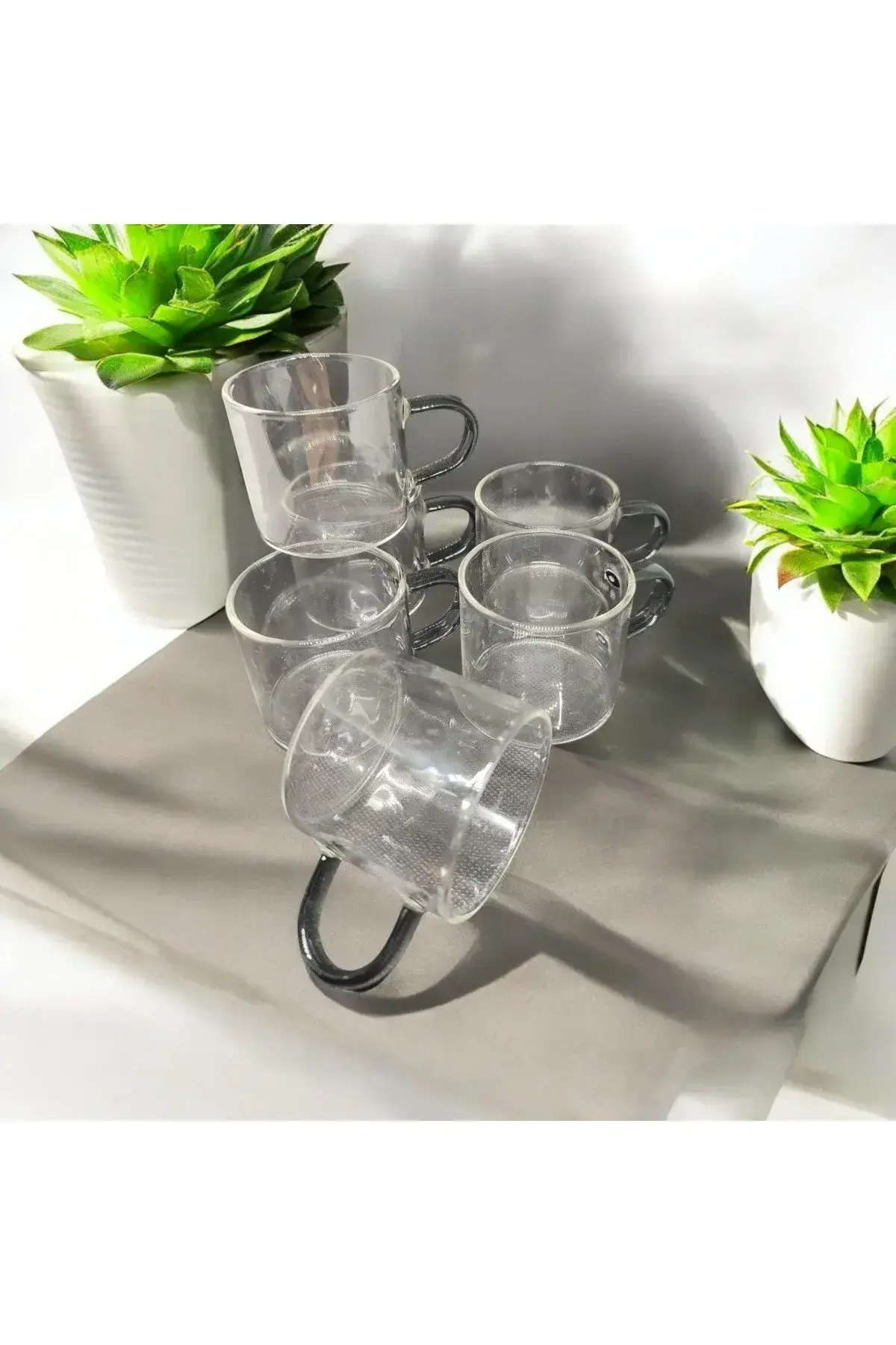 Borasilikat Isıya Dayanıklı Kulplu Kahve Fincan 6 adet, Cam fincan Siyah kulplu 100ml