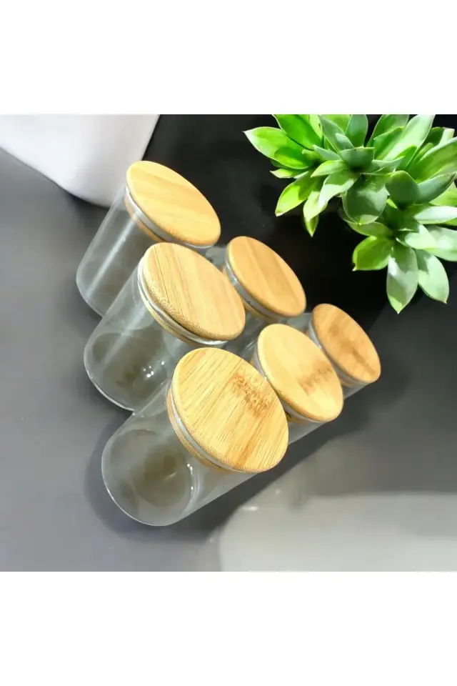 Bambu Kapaklı Cam Baharatlık 6 adet 200 ml