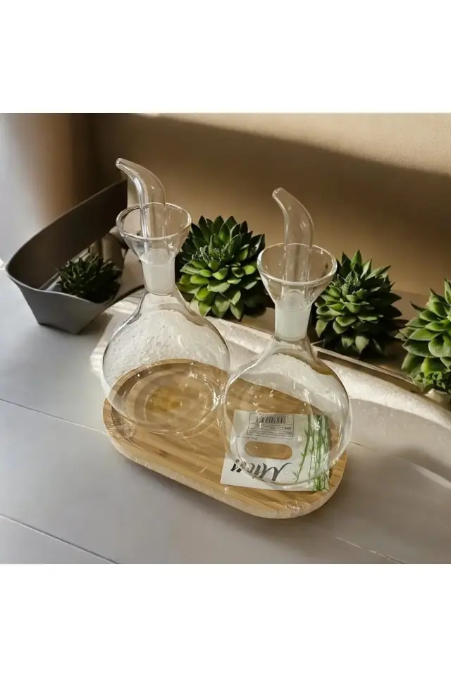 2'li Yağdanlık & Zeytinyağı Sıvı Yağ şişesi & Yağlık Sirkelik 1 lt bambu standlı