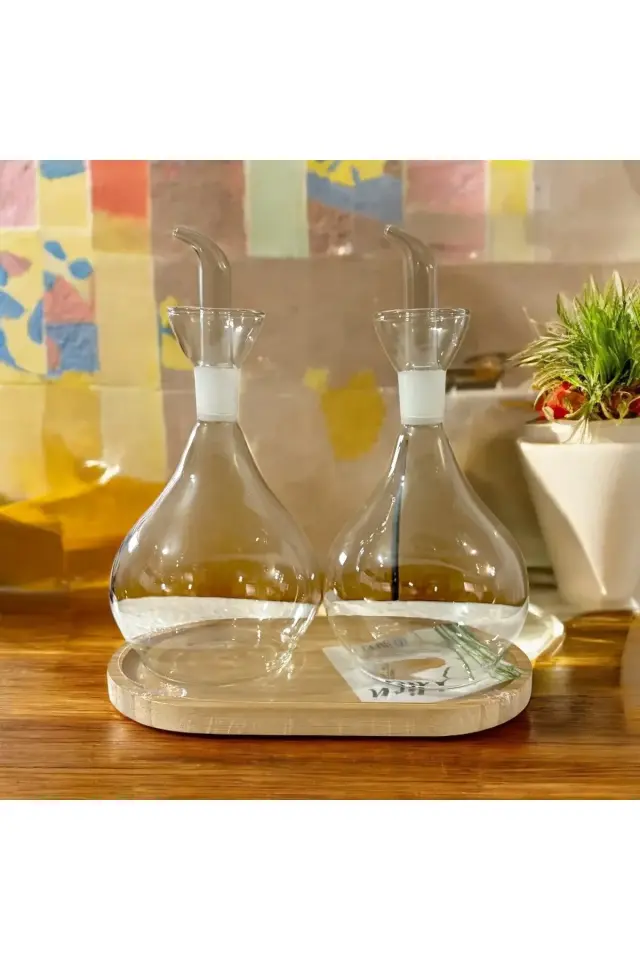 2'li Yağdanlık & Zeytinyağı Sıvı Yağ şişesi & Yağlık Sirkelik 1 lt bambu standlı