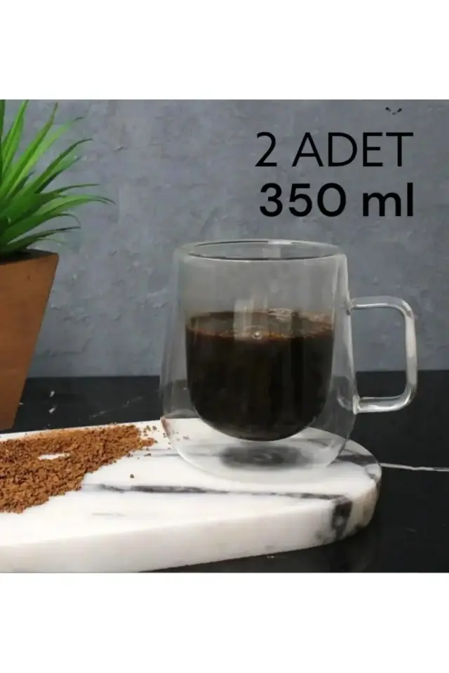 Çift Cidarlı Bardak 350 ml , Çift cidarlı kulplu kupa bardak 2 Adet