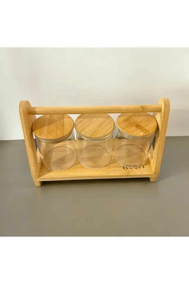 Bambu standlı 3 lü baharatlık bambu kapaklı baharatlık