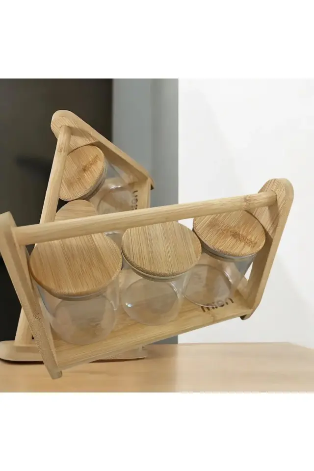 Bambu standlı 3 lü baharatlık bambu kapaklı baharatlık