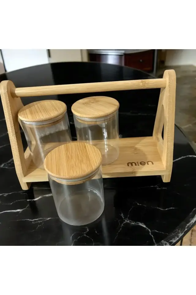 Bambu standlı 3 lü baharatlık bambu kapaklı baharatlık