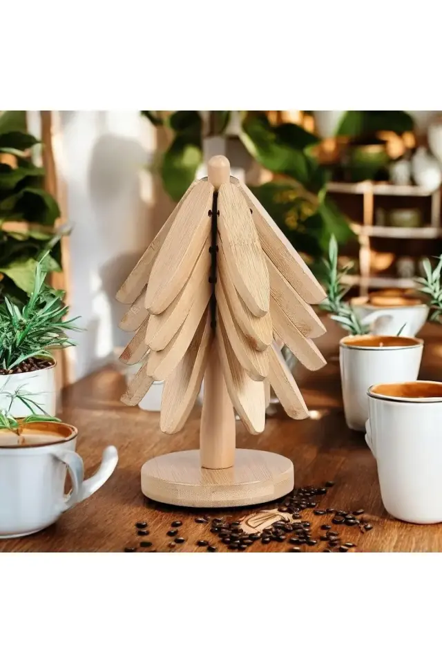 Ahşap Ağaç Nihale - Bambu Nihale - Pratik Katlanır Nihale - Bambu Bardak Altlığı-4lu stand