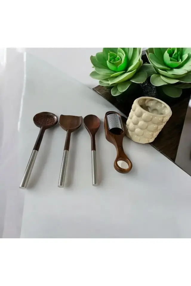 Akasya kaşık spatula rende seti 5 parça-Akasya set ve seramik stand