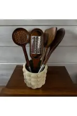 Akasya kaşık spatula rende seti 5 parça-Akasya set ve seramik stand
