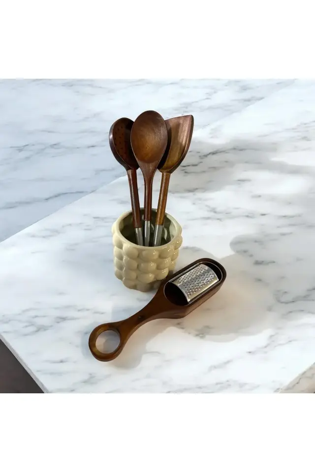 Akasya kaşık spatula rende seti 5 parça-Akasya set ve seramik stand