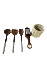 Akasya kaşık spatula rende seti 5 parça-Akasya set ve seramik stand