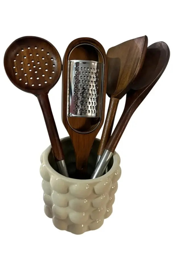 Akasya kaşık spatula rende seti 5 parça-Akasya set ve seramik stand