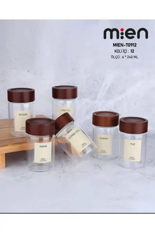 6'lı Akasya Kapaklı Yuvarlak cam baharatlık 240 ml baharatlık ( 12 adet etiketi ile birlikte)