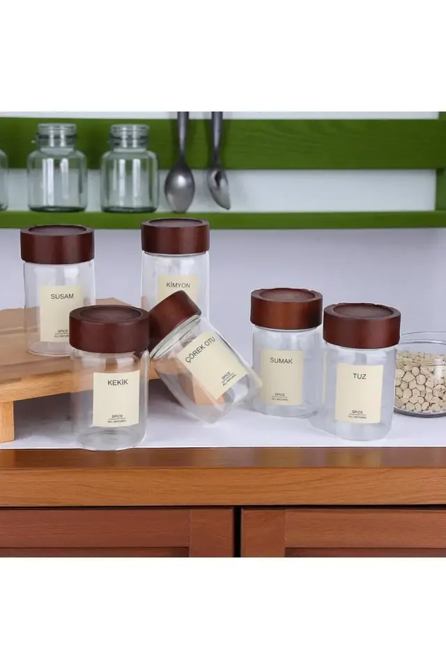 6'lı Akasya Kapaklı Yuvarlak cam baharatlık 240 ml baharatlık ( 12 adet etiketi ile birlikte)