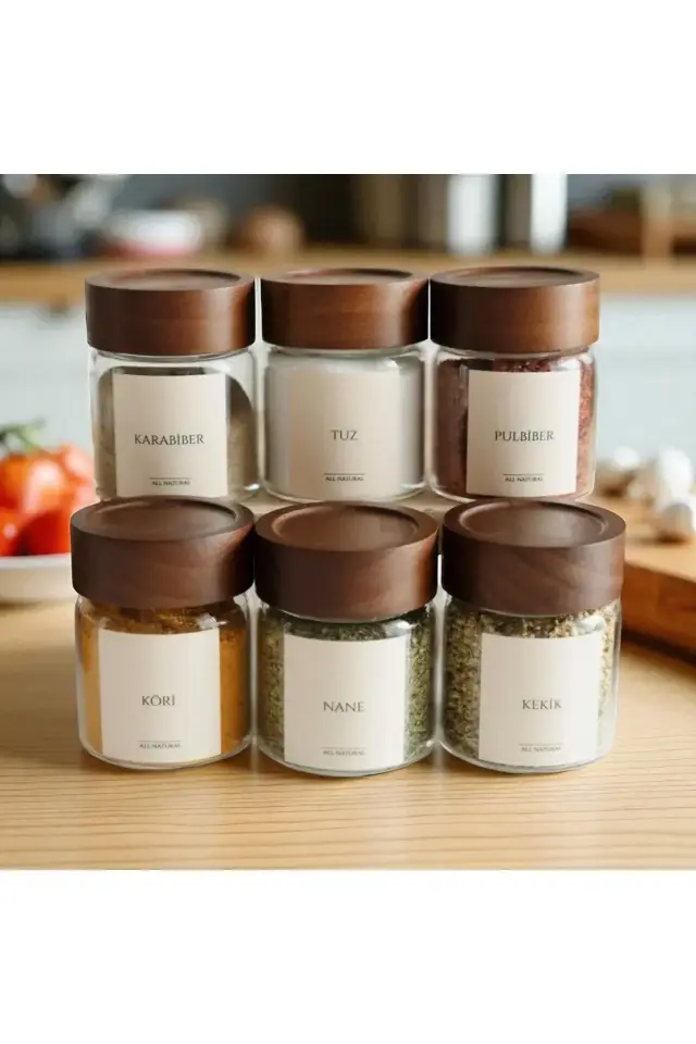 6'lı Akasya Kapaklı Yuvarlak cam baharatlık 240 ml baharatlık ( 12 adet etiketi ile birlikte)