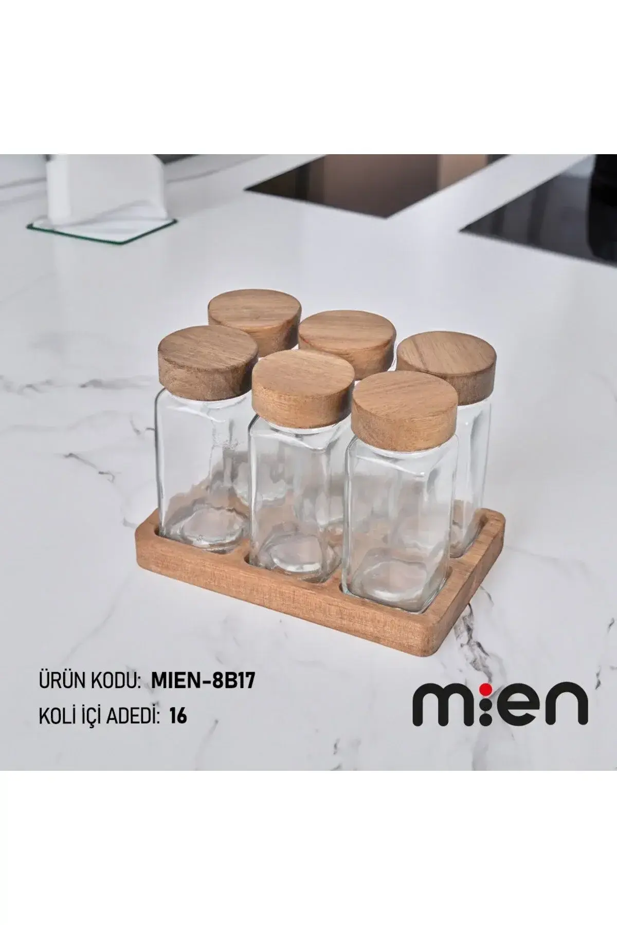 6'lı Akasya Baharatlık Takım , Cam ve Akasya baharatlık Seti