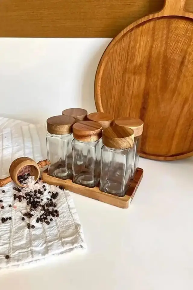 6'lı Akasya Baharatlık Takım , Cam ve Akasya baharatlık Seti