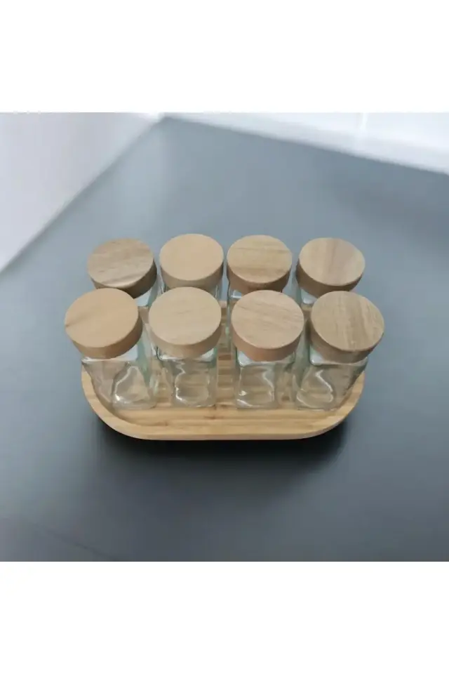 Bambu kapaklı ve bambu altlıklı baharatlık 8'li