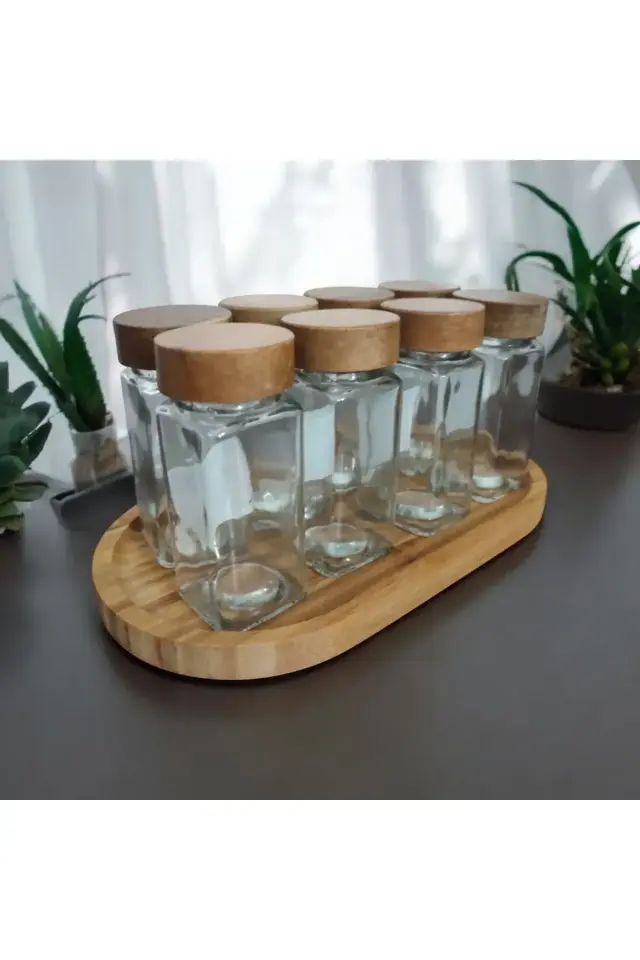 Bambu kapaklı ve bambu altlıklı baharatlık 8'li