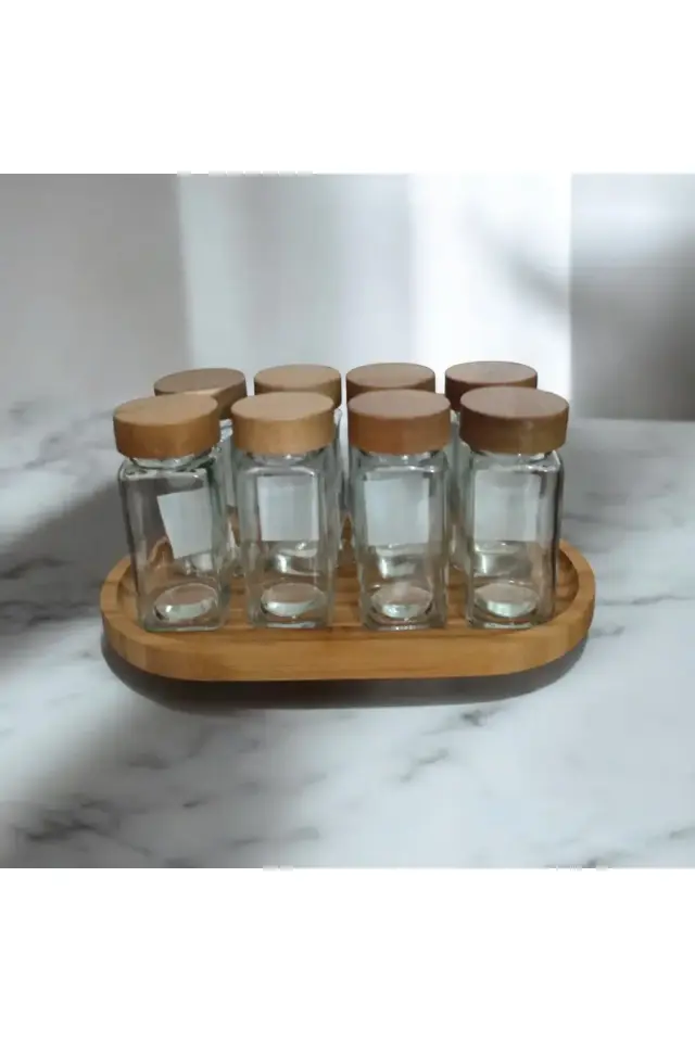 Bambu kapaklı ve bambu altlıklı baharatlık 8'li