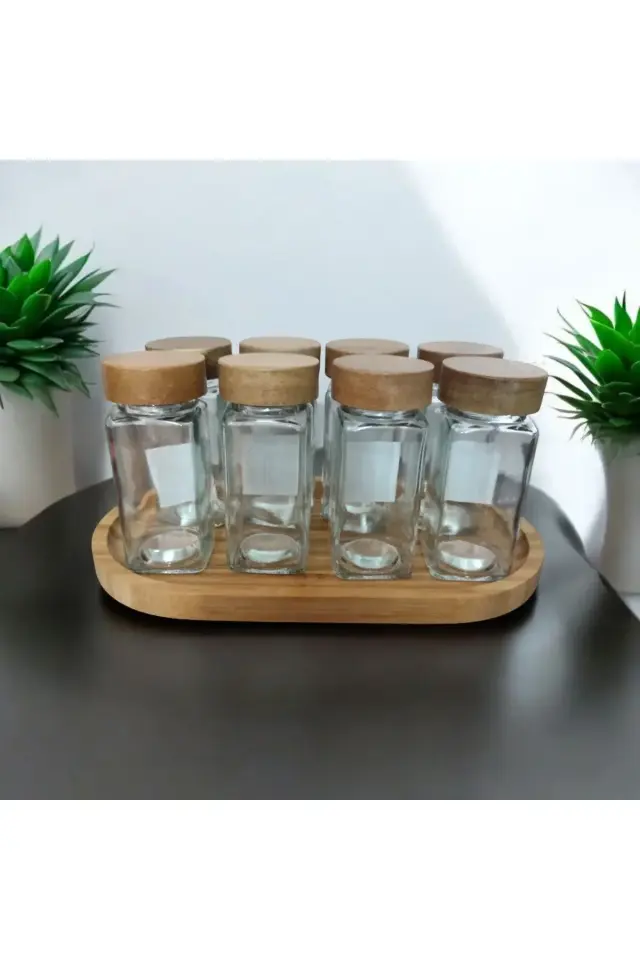 Bambu kapaklı ve bambu altlıklı baharatlık 8'li
