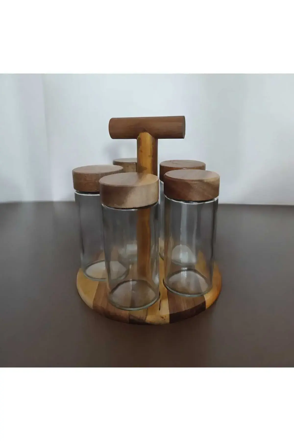 5'Li Akasya Standlı Baharatlık , Akasya kapaklı cam baharatlık seti