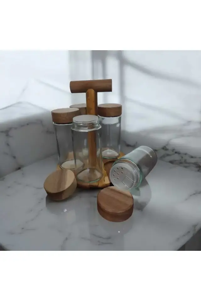 5'Li Akasya Standlı Baharatlık , Akasya kapaklı cam baharatlık seti