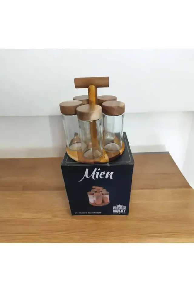 5'Li Akasya Standlı Baharatlık , Akasya kapaklı cam baharatlık seti