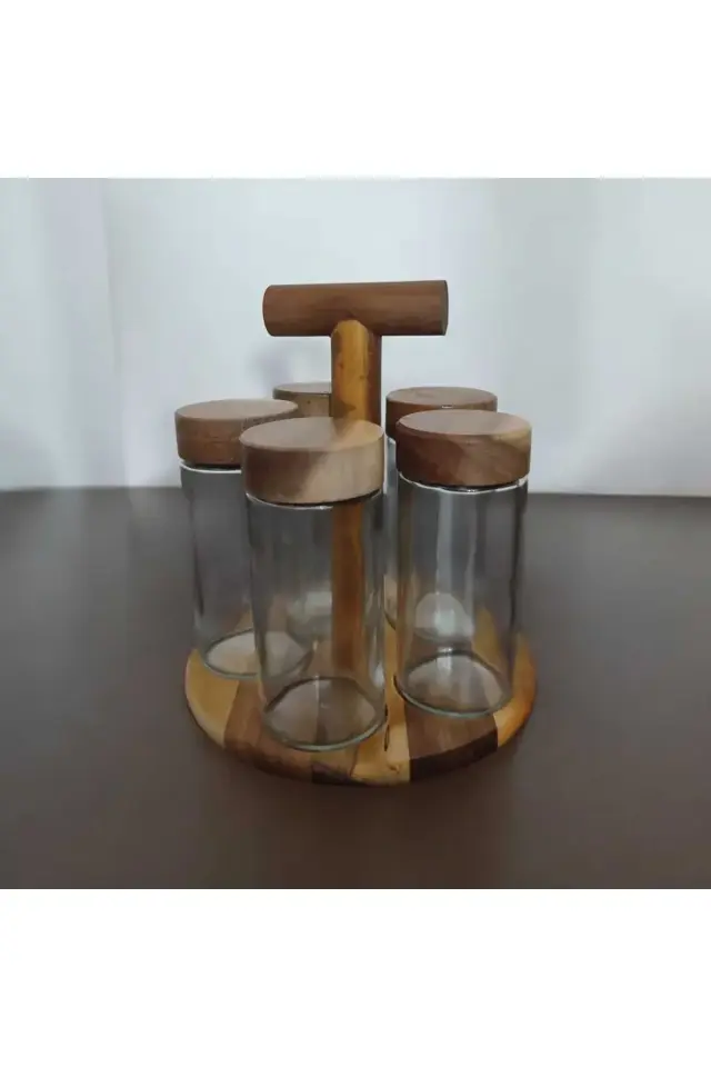 5'Li Akasya Standlı Baharatlık , Akasya kapaklı cam baharatlık seti