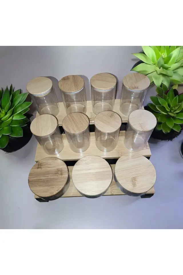 Standlı baharatlık seti,Bambu Kapaklı Cam baharatlık Etiket hediyeli