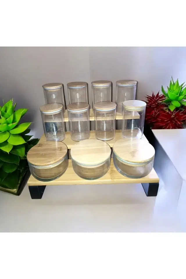 Standlı baharatlık seti,Bambu Kapaklı Cam baharatlık Etiket hediyeli