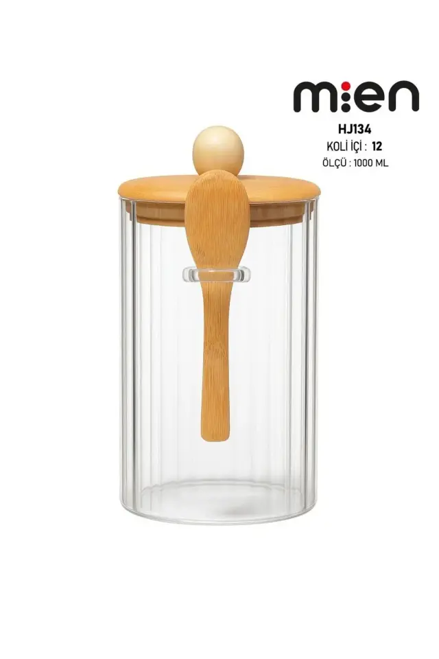 Kaşıklı Cam Kavanoz-1000ml , Çok Amaçlı Kavanoz, Vakumlu bambu kapak