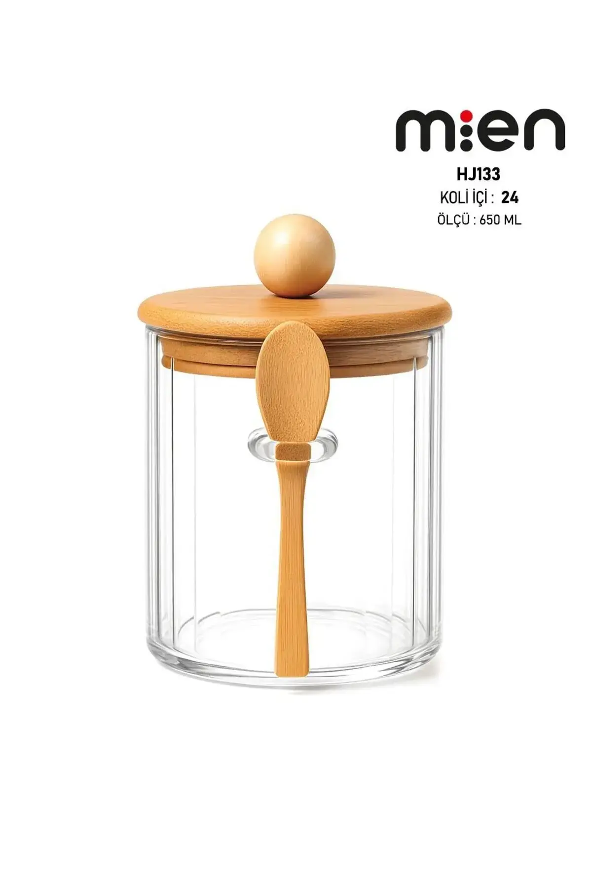 Kaşıklı Cam Kavanoz-650ml , Çok Amaçlı Kavanoz, Vakumlu bambu kapak