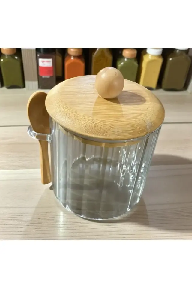 Kaşıklı Cam Kavanoz-650ml , Çok Amaçlı Kavanoz, Vakumlu bambu kapak