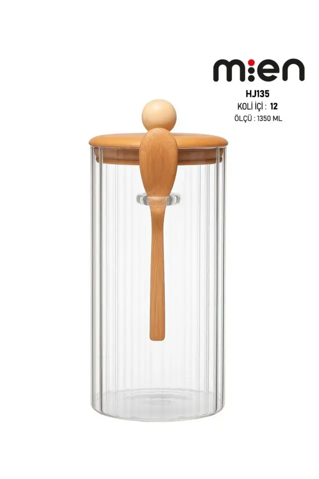 Kaşıklı Cam Kavanoz-1350 ml , Çok Amaçlı Kavanoz, Vakumlu bambu kapak