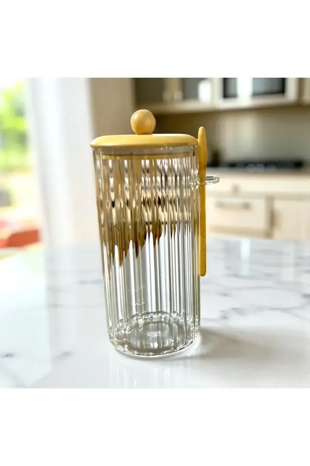 Kaşıklı Cam Kavanoz-1350 ml , Çok Amaçlı Kavanoz, Vakumlu bambu kapak